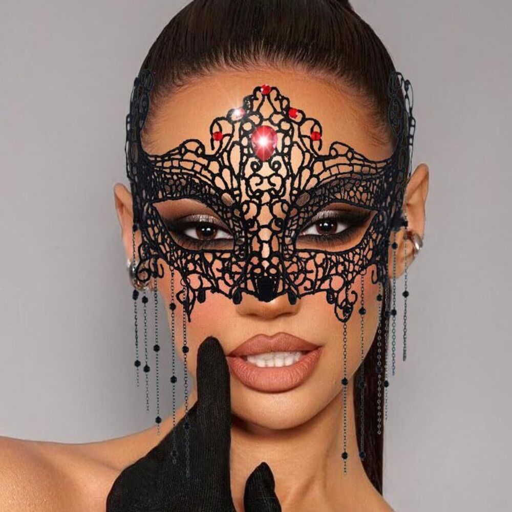3488 Lace Masquerade Mask Rhinestone Tassel Spider Eye Masks Beaded